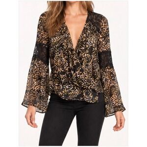 LOVESTITCH Printed Lace Detail Bell Sleeve Blouse Women's M Boho Chic